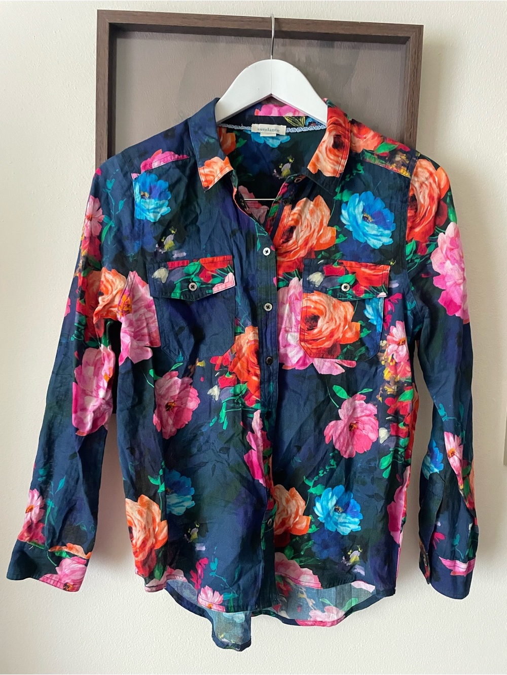 Sundance Floral Joy Cotton Button Down Shirt PS Petite Small Navy Floral